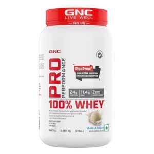 GNC Pro Performance 100% Whey Protein | 2 lbs | Muscle Growth | Muscle Recovery | DigeZyme® For Easy Digestion | Informed Choice Certified | 24g Protein | 5.5g BCAA | Vanilla Cream