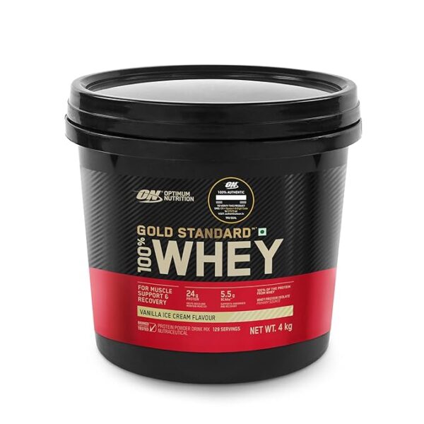 Optimum Nutrition (ON) Gold Standard 100% Whey Protein Powder- (Vanilla Ice Cream) 4 kg, 129 servings, for Muscle Support & Recovery, Vegetarian - Primary Source Whey Isolate