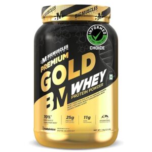 Bigmuscles Nutrition Premium Gold Whey [1Kg] | Informed Choice UK Certified | Isolate Whey Protein Blend | 25g Protein | 11g EAA | ProHydrolase Enzyme Technology [Cookie & Cream]