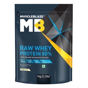 MuscleBlaze Raw Whey Protein Concentrate 80% with Added Digestive Enzymes (Unflavoured, 1 kg / 2.2 lb)