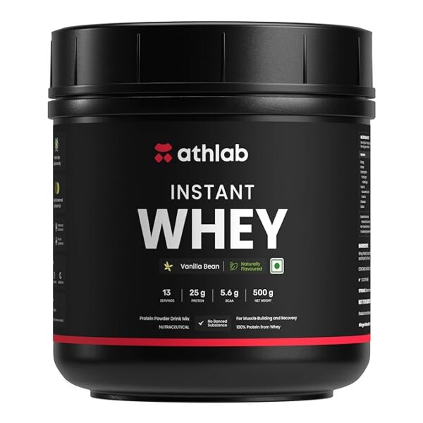Athlab (by Nutrabay) Instant Whey Protein| Naturally Flavoured & Sweetened with Monk Fruit | No Preservatives, 25g Protein - Vanilla Bean, 500g
