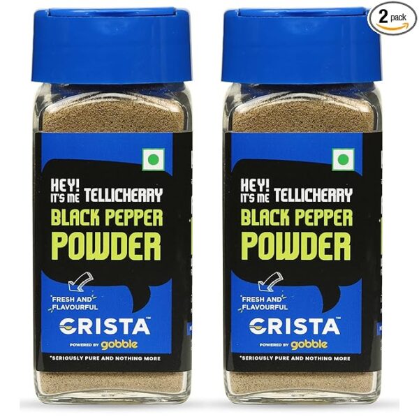 CRISTA Tellicherry Black Pepper Powder | Sun-dried | Zero added Colours, Fillers, Additives & Preservatives | High Volatile Oil Content | Natural | 50 gms each | Pack of 2